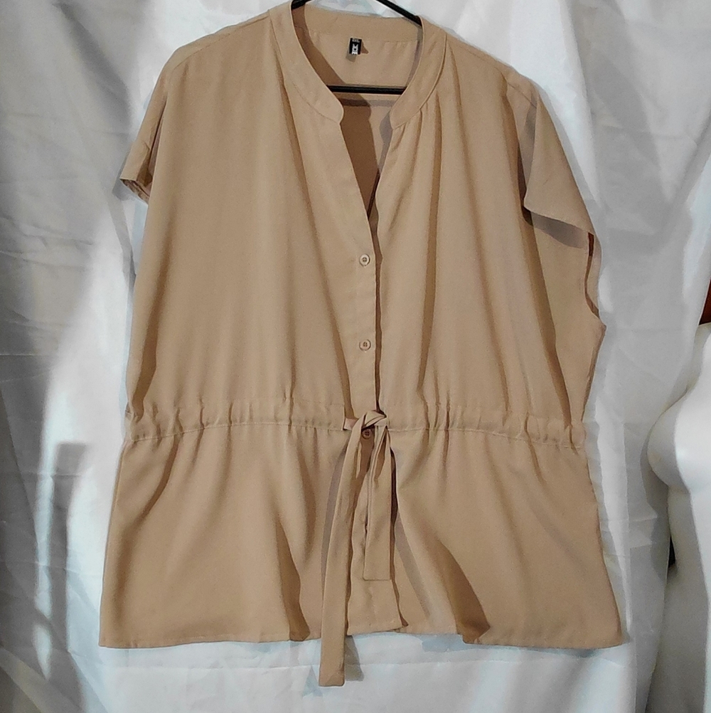 Elegant Tan Button-Down Blouse with Waist Tie